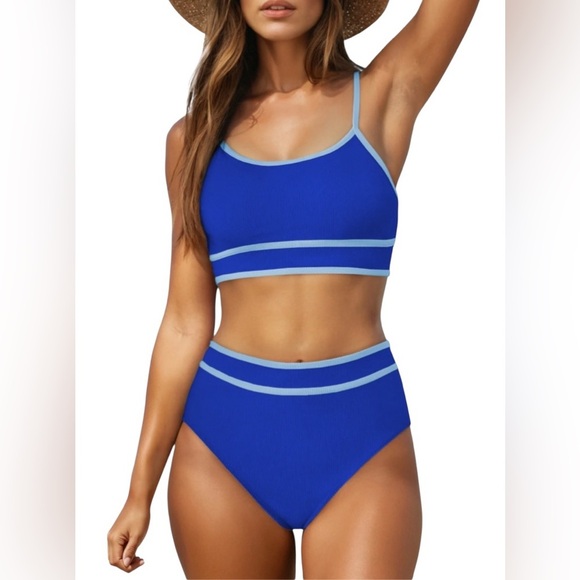 Women's High Waisted Bikini Set Sporty 2 Piece Swimsuit Color Block Cheeky Lg - Picture 1 of 16